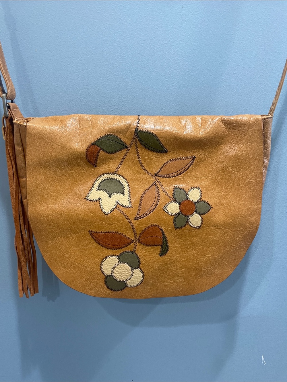 HOBO Tan Floral Appliqué Crossbody Purse with Tassel